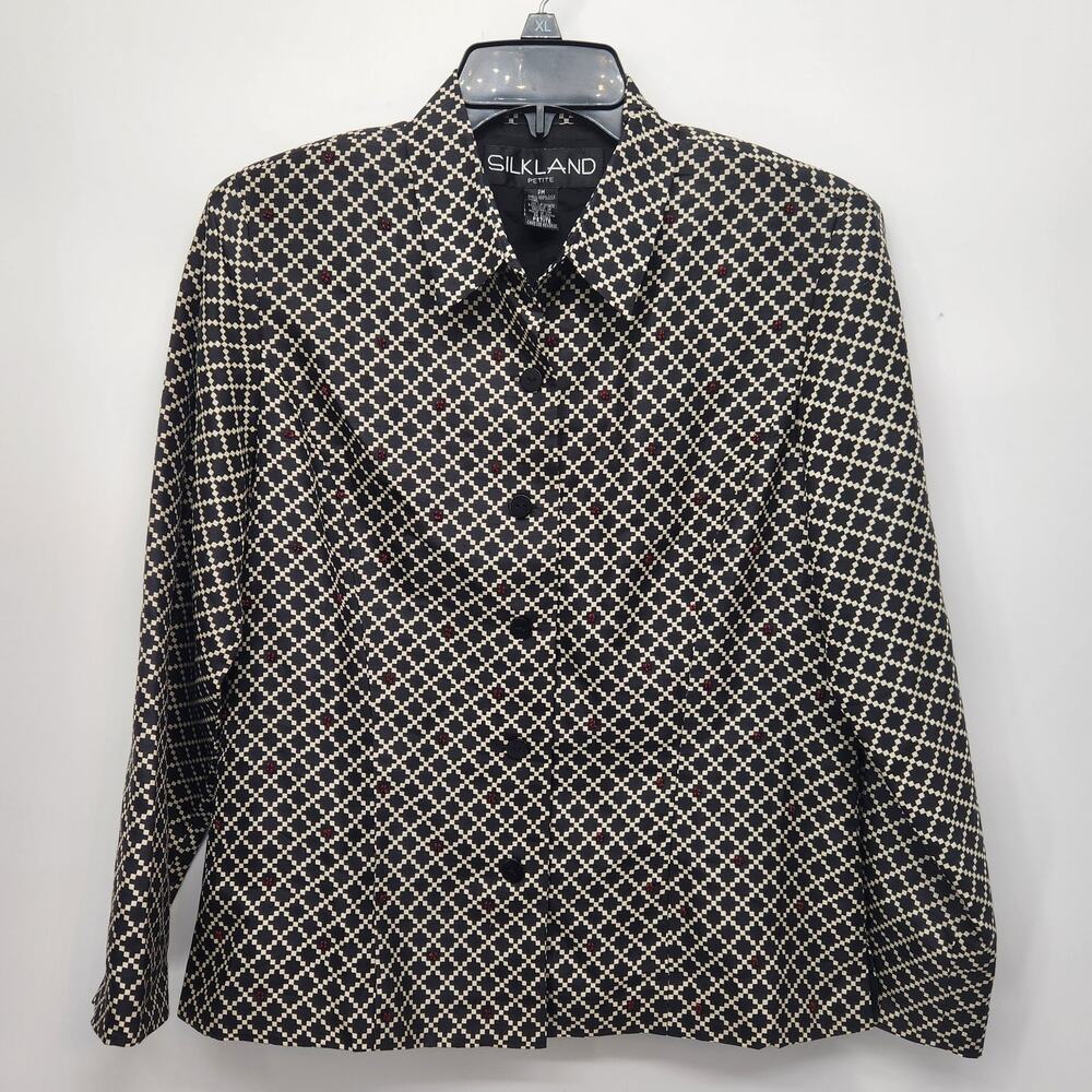 SilkLand Petites Black Cream 100%‎ Silk Geometric Beaded Buttoned Jacket Women M